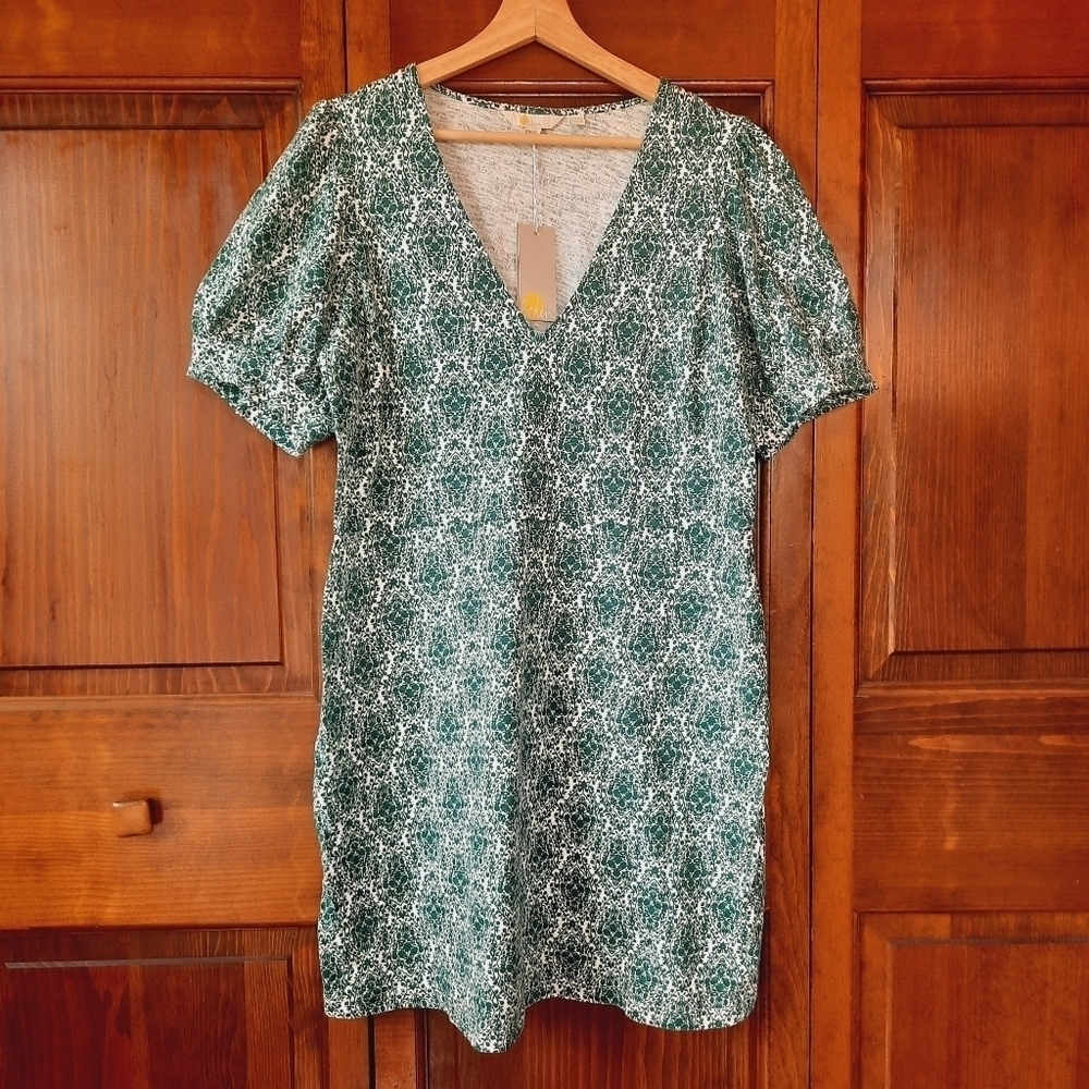 🛍 NWT Boden V-neck Jersey Mini Dress dark green white print D0555 BGR size 12